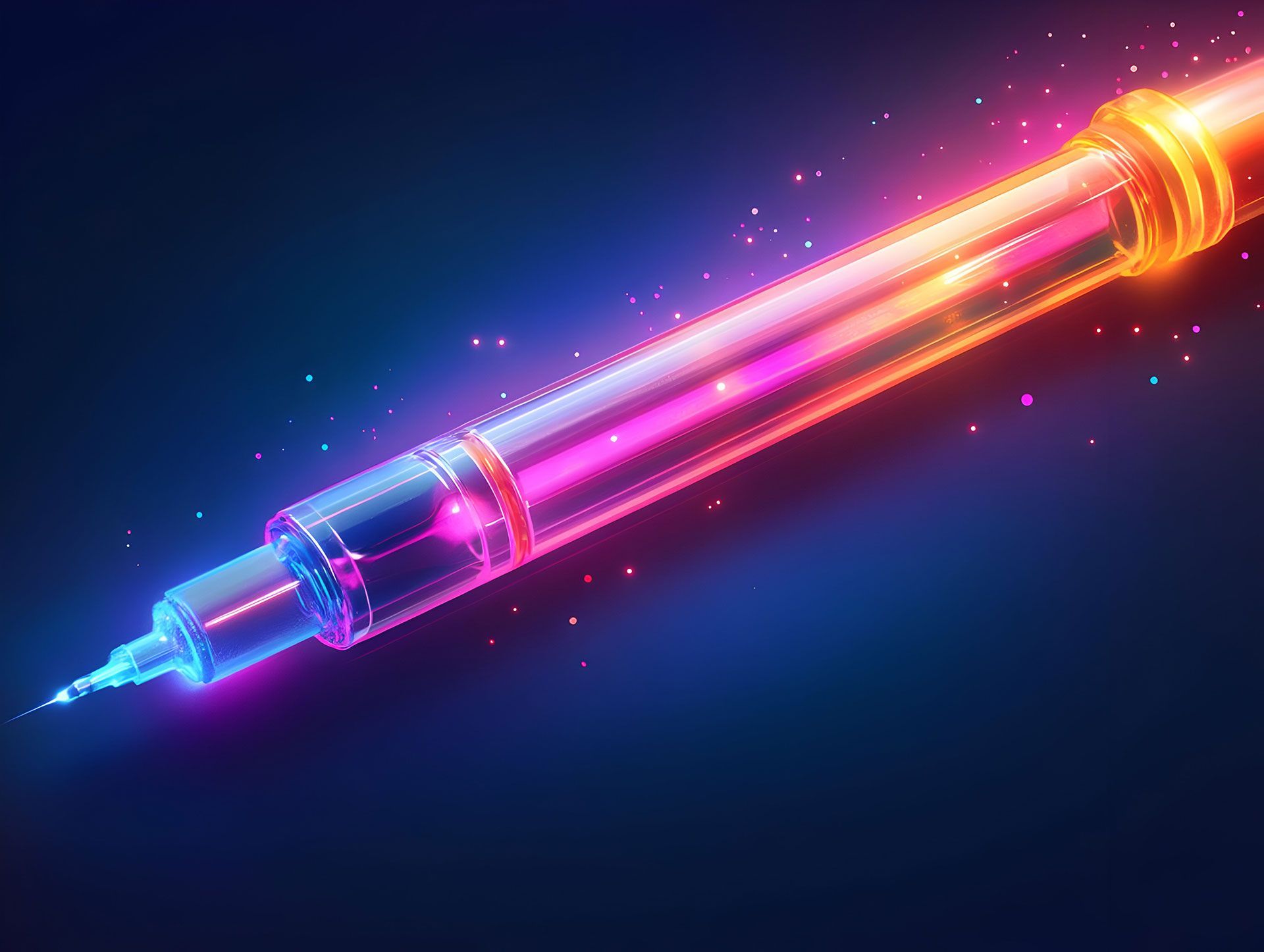 Glowy, futuristic syringe with neon pink, blue, and orange highlights on a dark background.