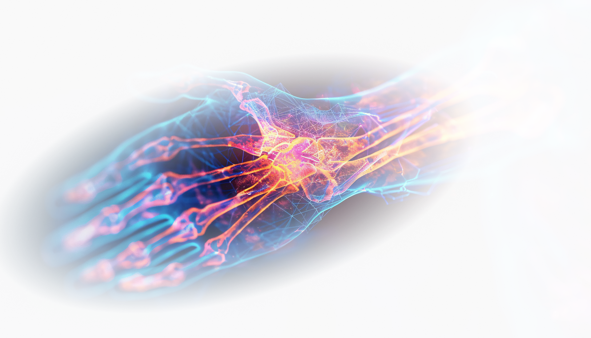 Glowing, colorful hand with visible veins and bones, set against a white backdrop.