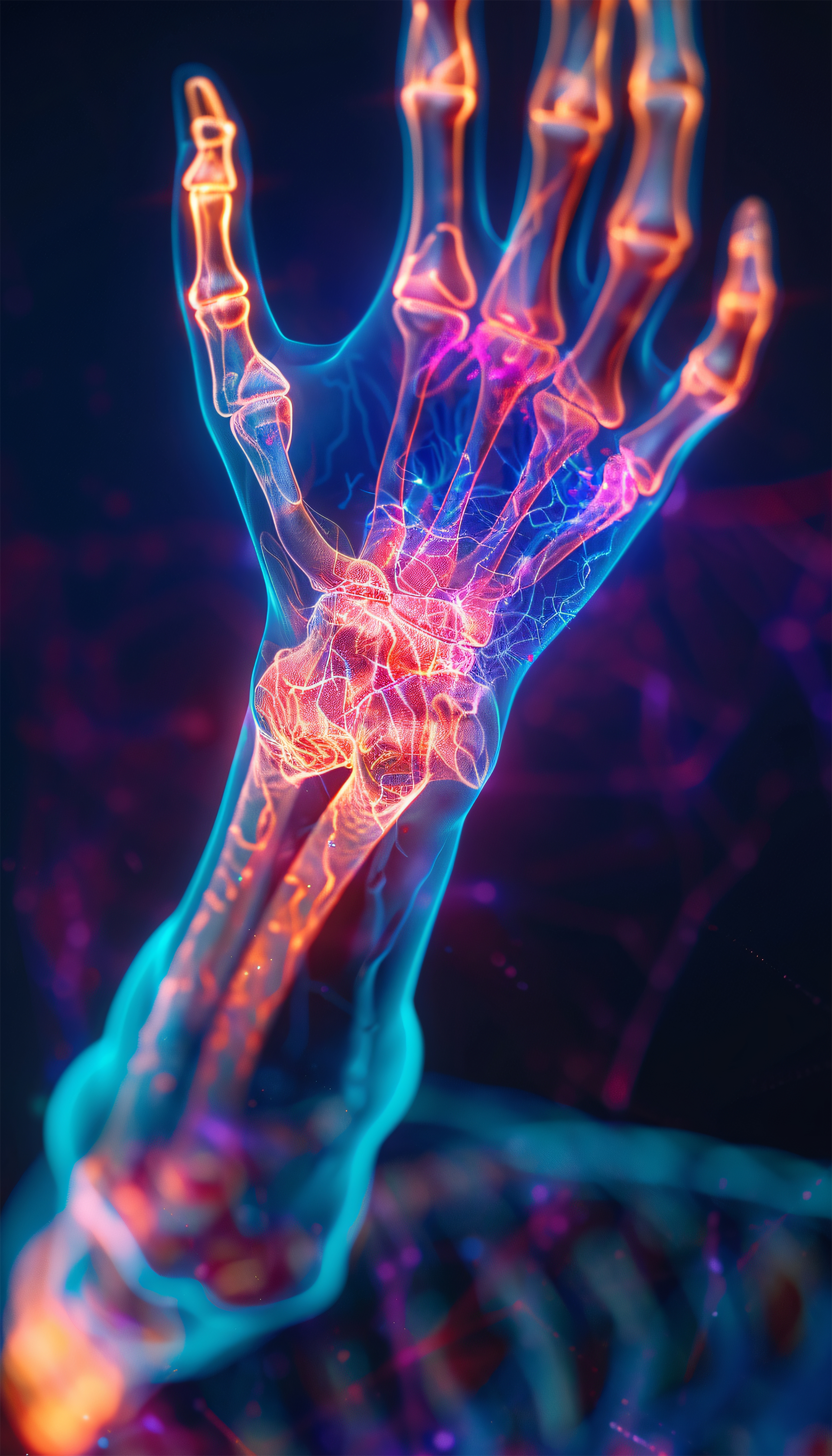 A glowing skeleton of a hand with arthritis.