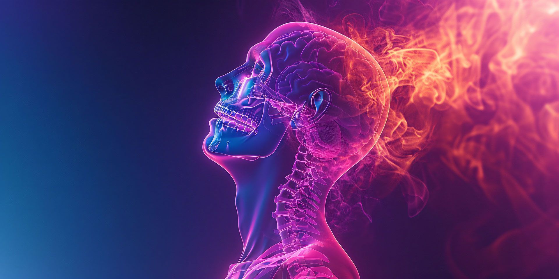 A computer generated image of a woman 's head and neck with smoke coming out of it.