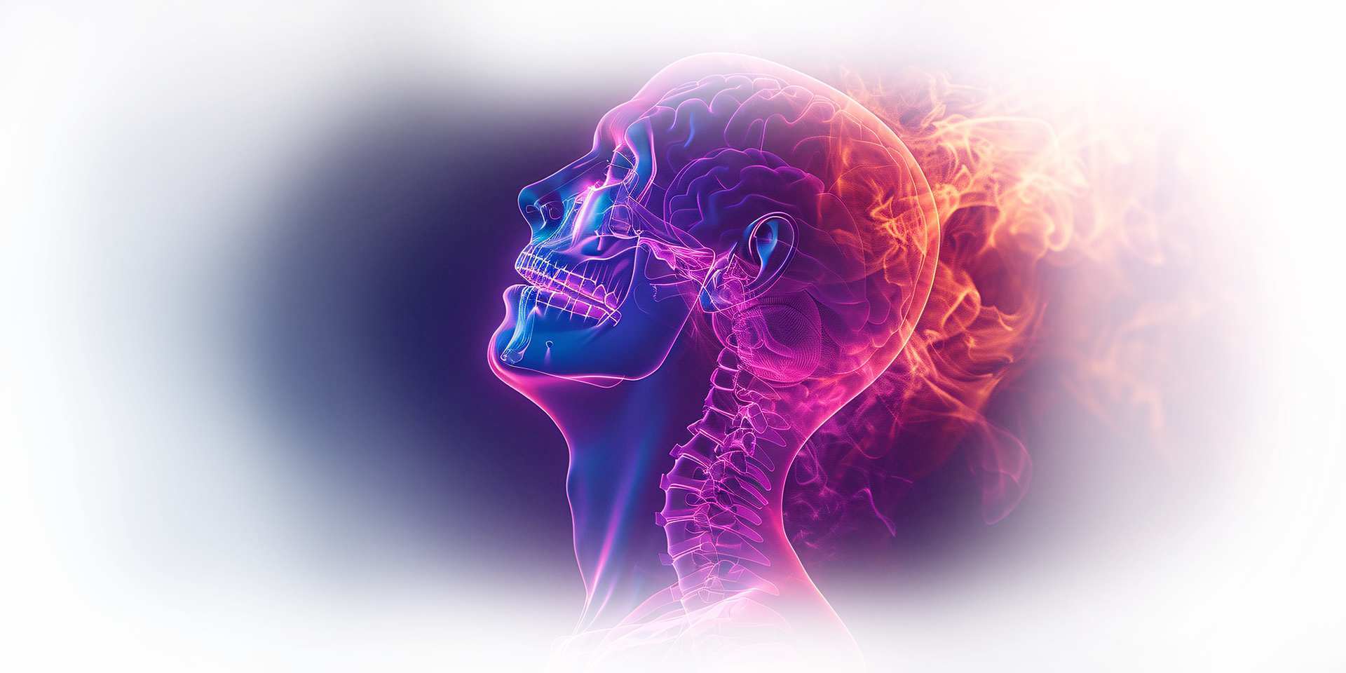 A glowing, abstract head and neck against a dark background. Pink and blue light emanates from the person.