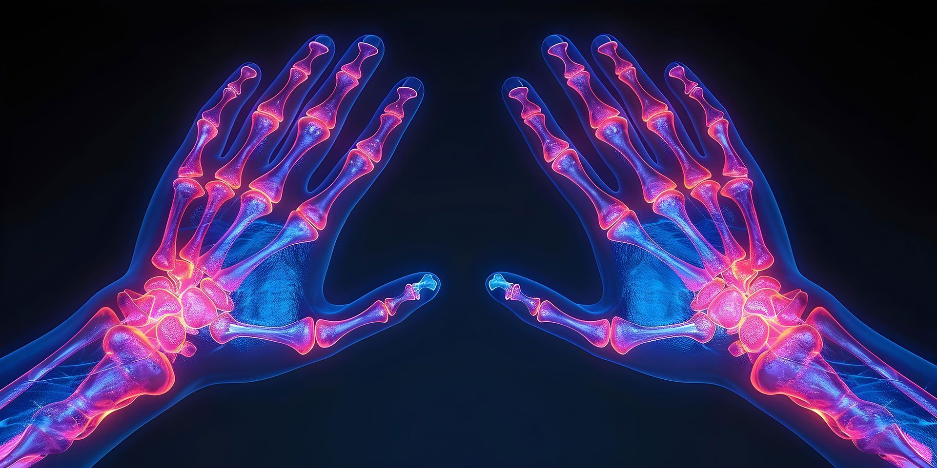 A close up of a person 's hands with a skeleton in the background.