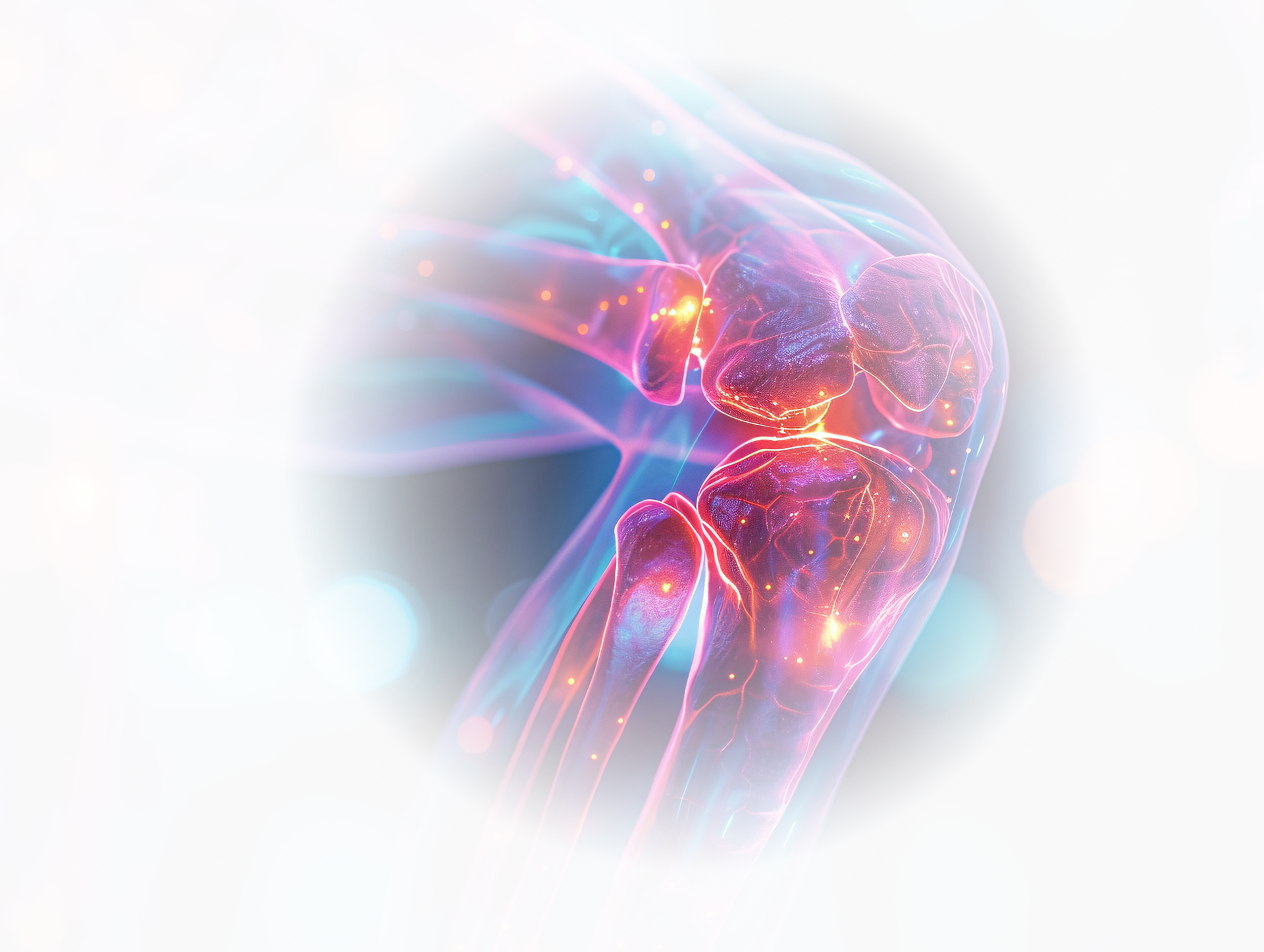 Glowing, digital rendering of a knee joint with vibrant colors highlighting the bone structure and surrounding tissues.
