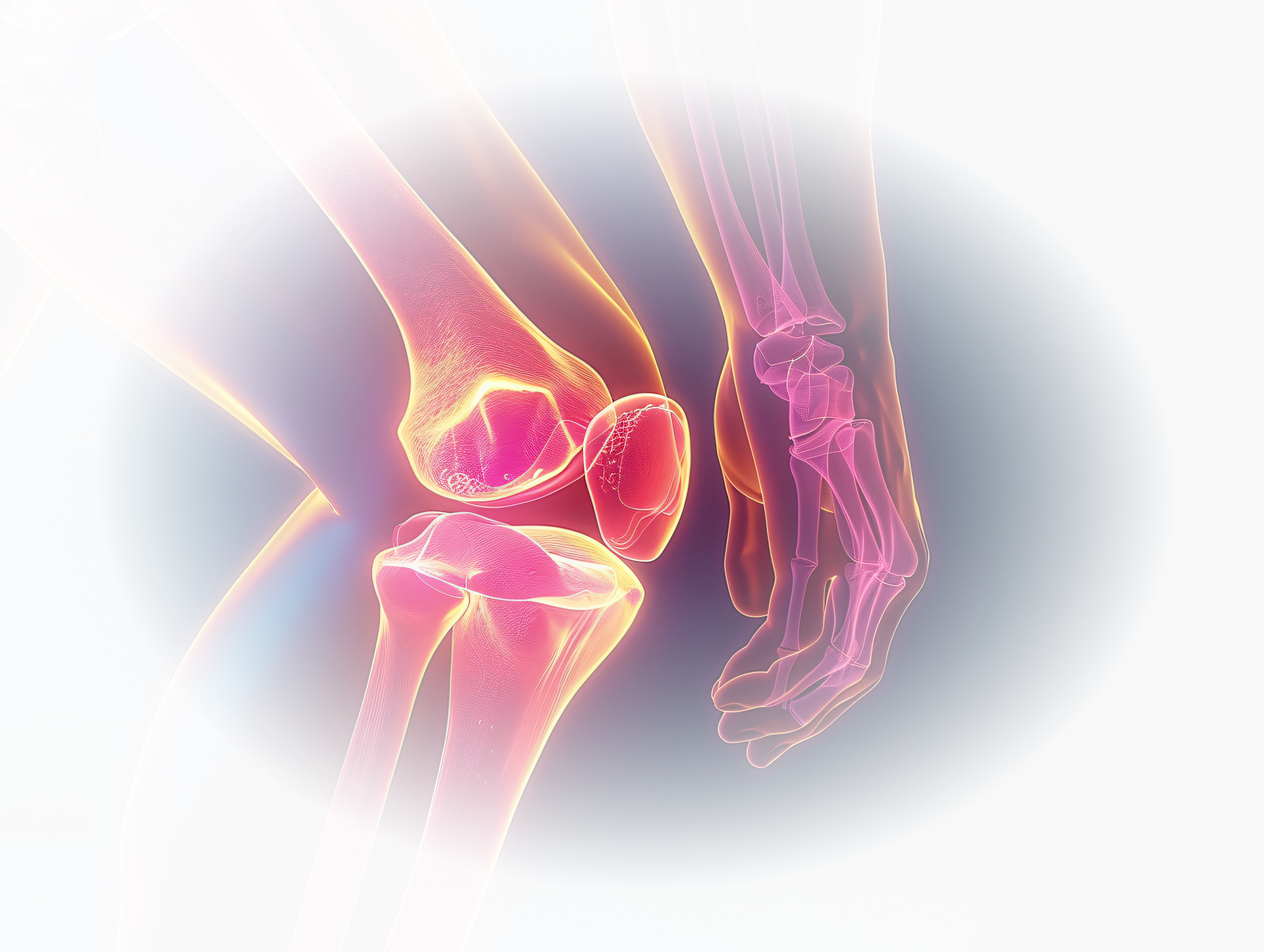 Glowing, artistic depiction of a human knee and wrist, showing bones in pink and surrounding soft tissues.