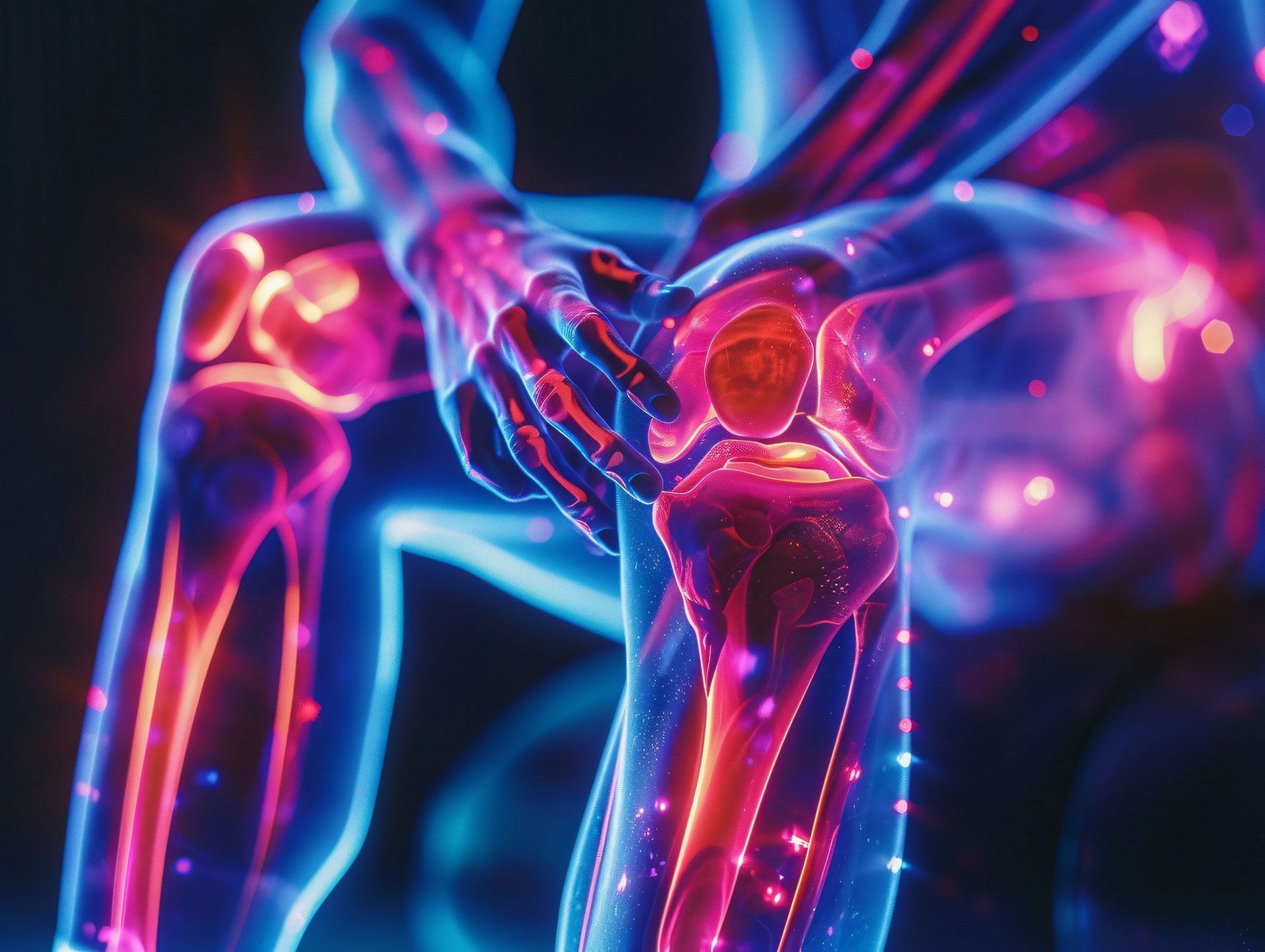 Glowing, transparent figure in pain, hands on knee. Red highlights indicate pain.