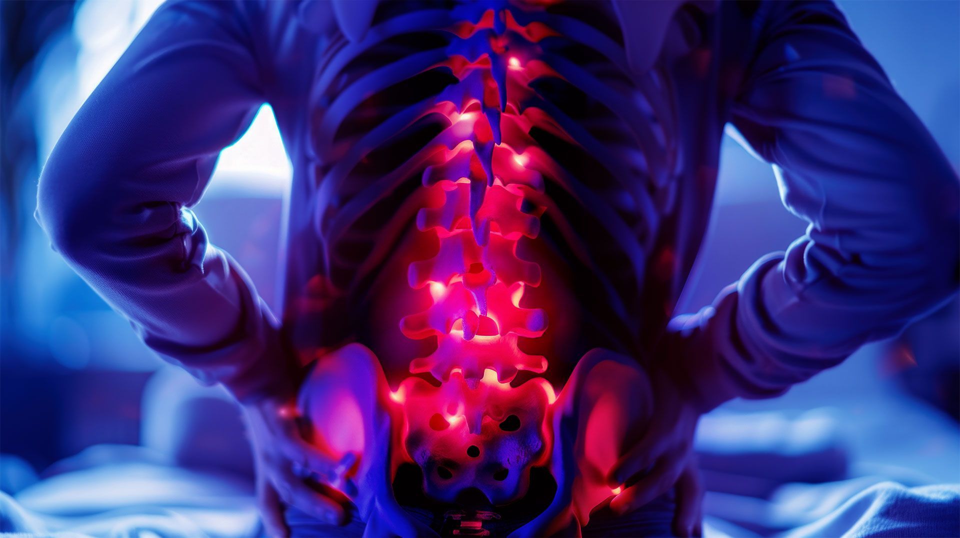 A person is holding their lower back in pain.