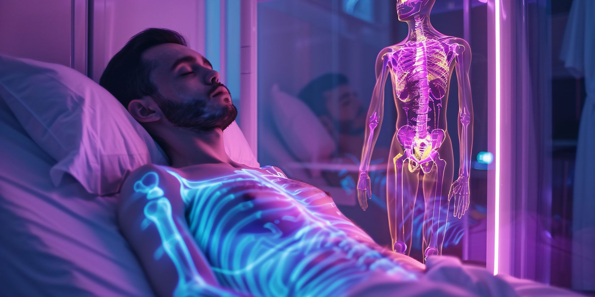 A man lies in a hospital bed. His skeleton glows beneath his skin. A holographic figure stands nearby.