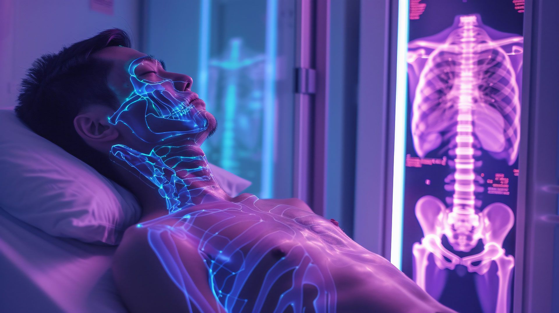 Man in futuristic medical scanner, illuminated internal systems, beside x-ray display of his skeleton.