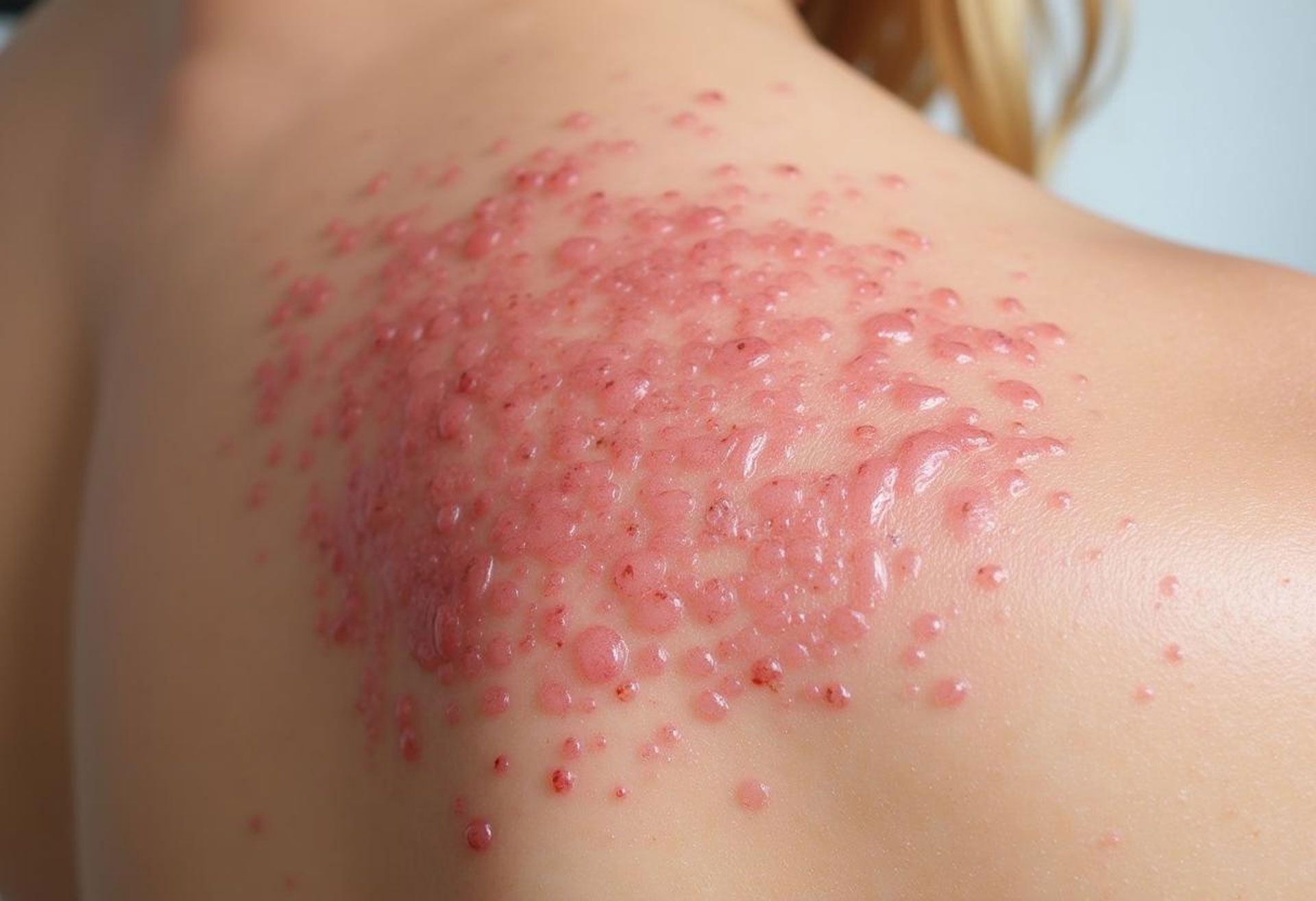 A person's back with a cluster of red, blistery skin rash, likely shingles.