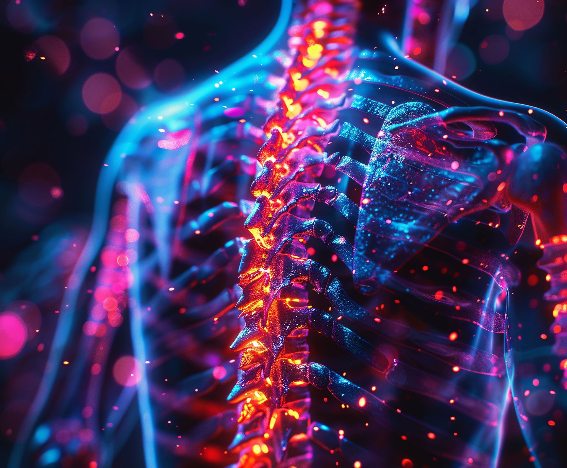 Glowing, translucent human spine and torso, lit with red and blue, surrounded by bokeh.