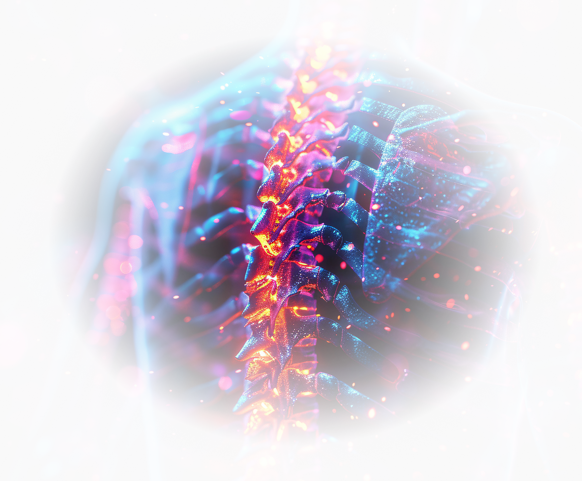 Glowing, colorful spine with surrounding energy field, fading to white.