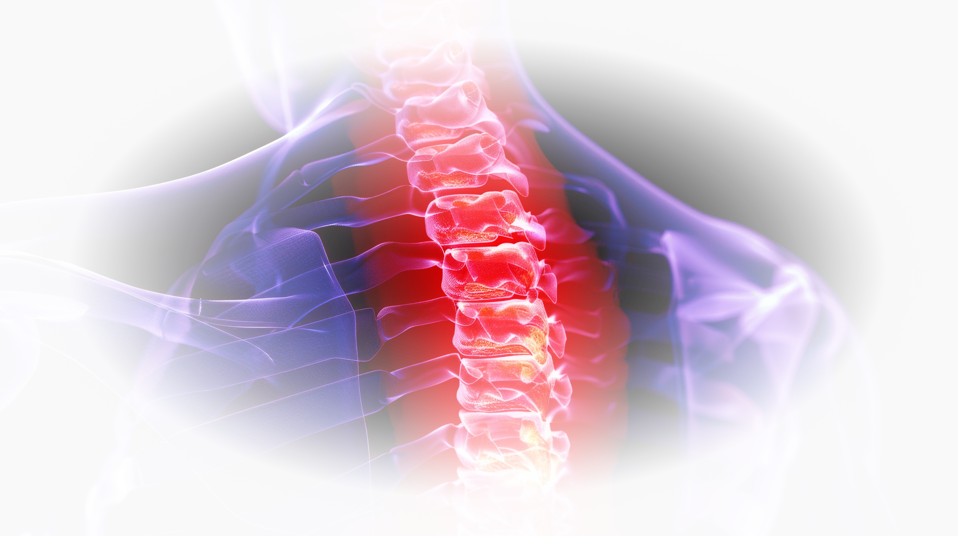 Red spinal column highlighted against a translucent blue and purple human torso, suggesting pain.