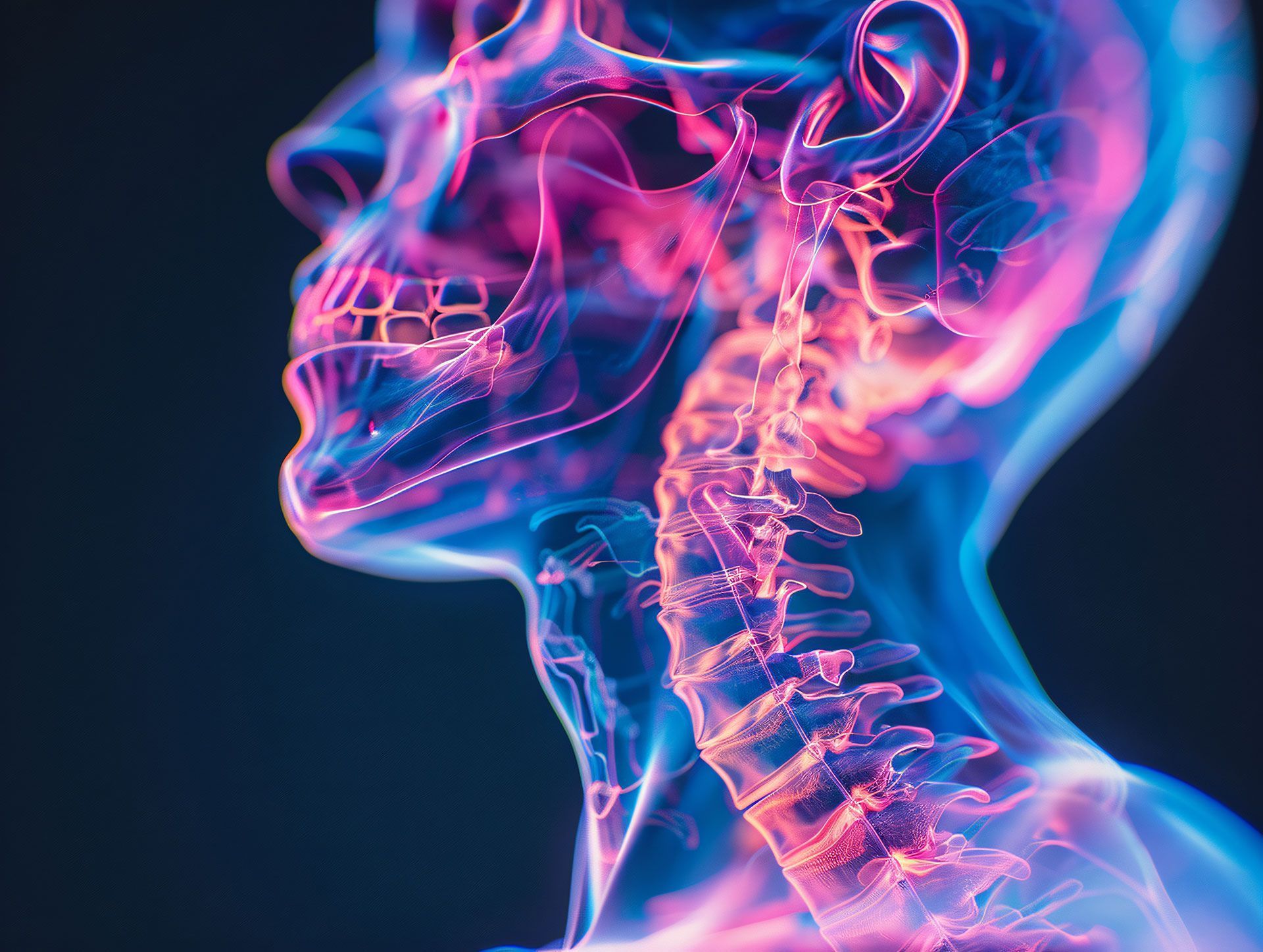 Glowing, colorful illustration of a human head and neck, highlighting the skeletal structure.