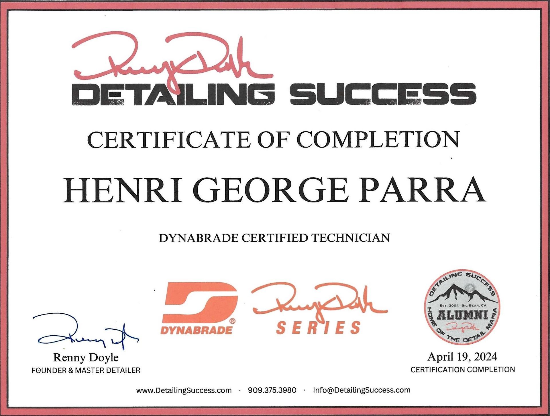 A certificate of completion for henri george parra