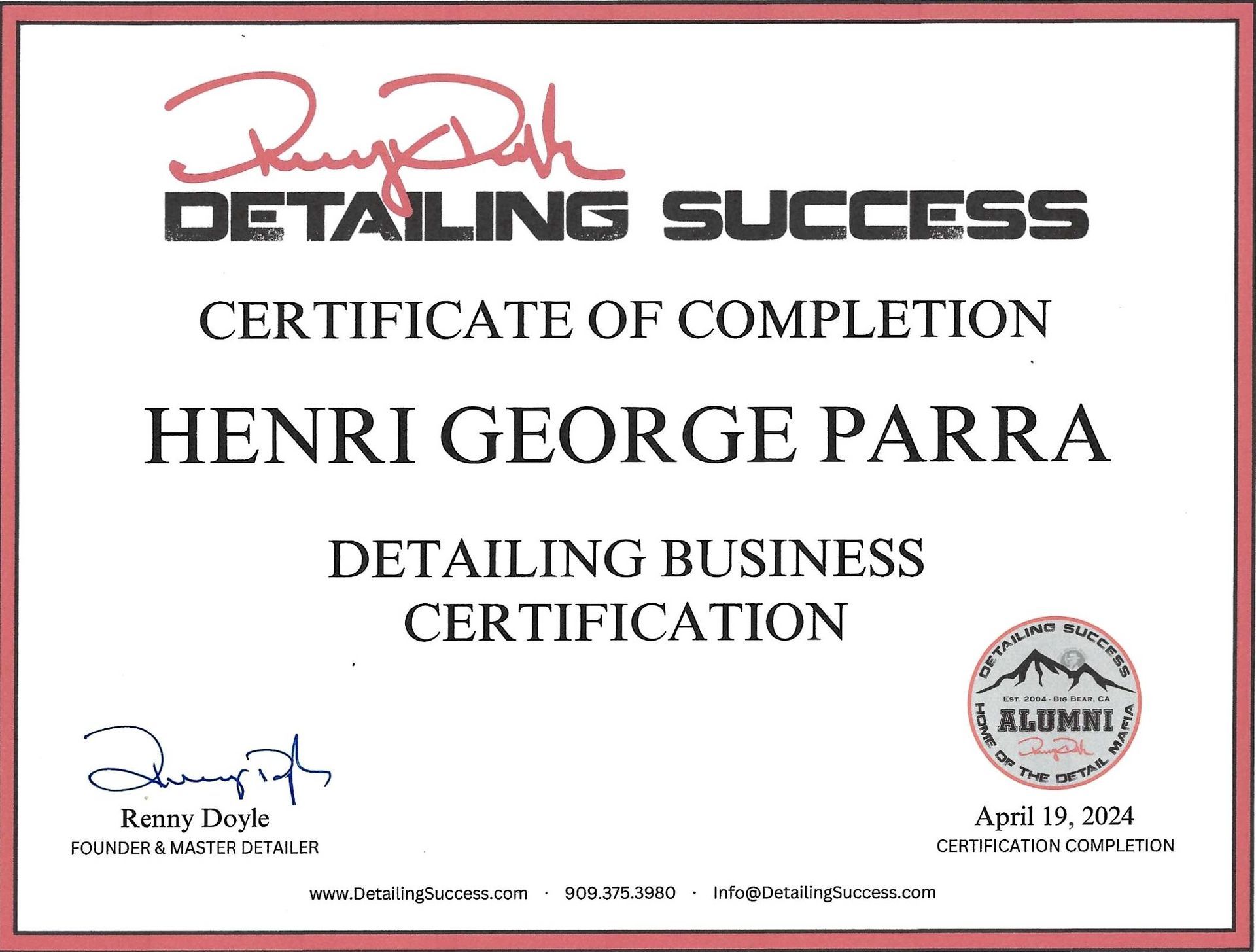 A certificate of completion for henri george parra detailing business certification