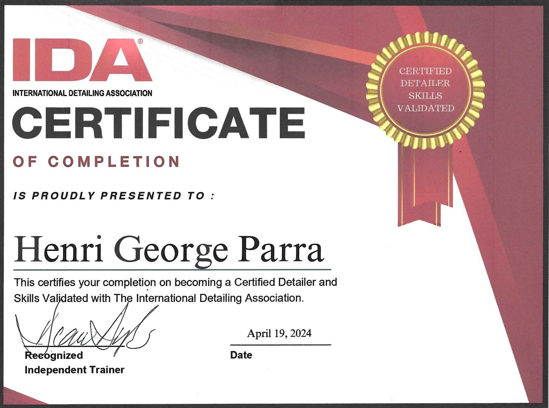 An ida certificate of completion is proudly presented to henri george parra