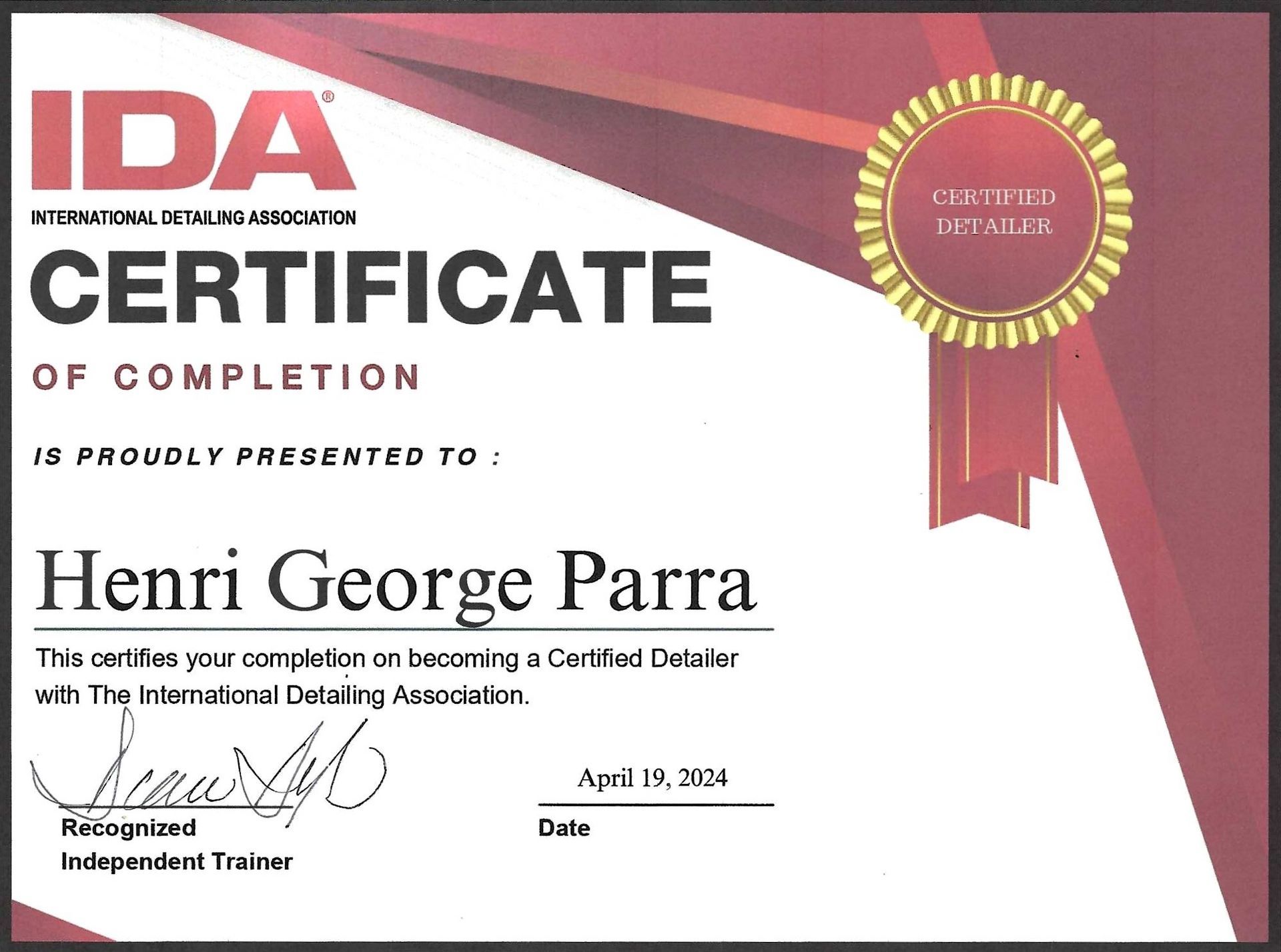 A ida certificate of completion is proudly presented to henri george parra