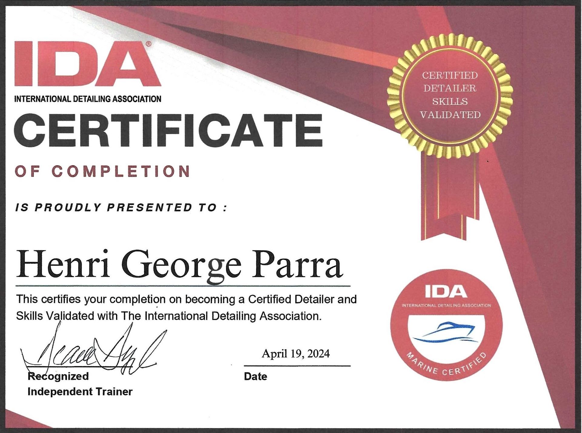 A certificate of completion for henri george parra
