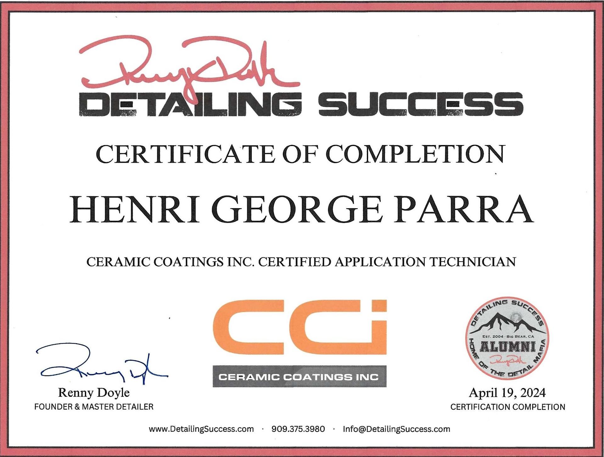 A certificate of completion for henri george parra