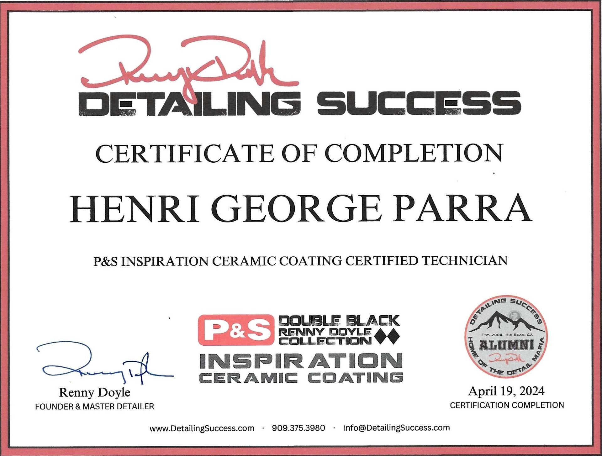 A certificate of completion for henri george parra