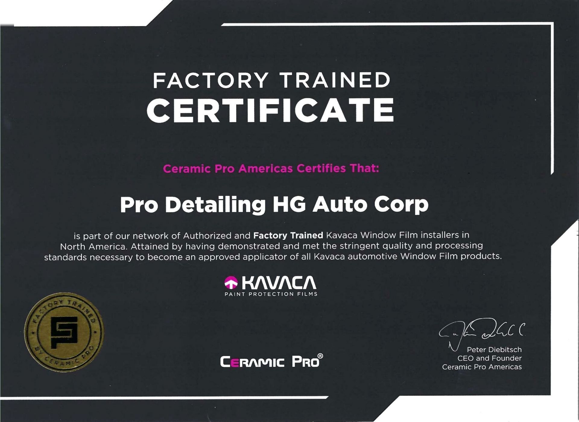 A factory trained certificate for pro detailing hg auto corp