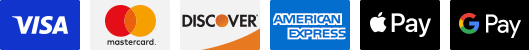 Logos for Visa, Mastercard, Discover, American Express, Apple Pay, and Google Pay.