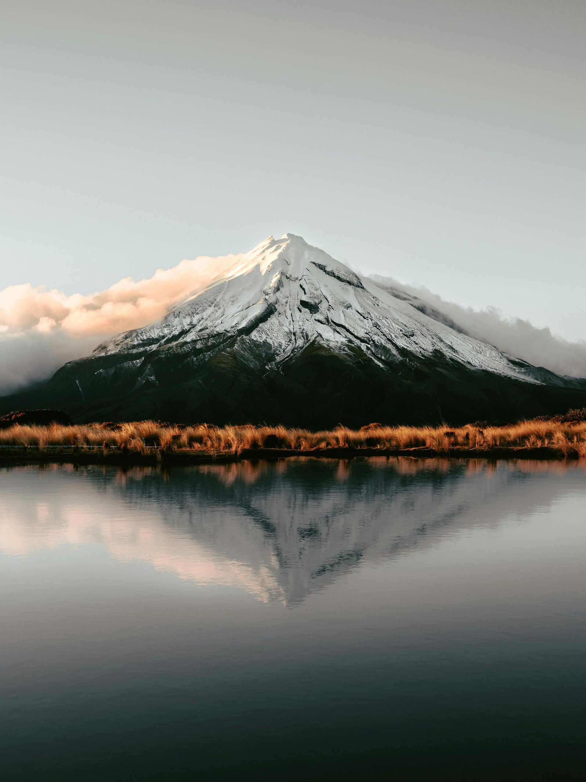 Snow-capped mountain reflected in calm water, with golden-brown foliage in foreground.