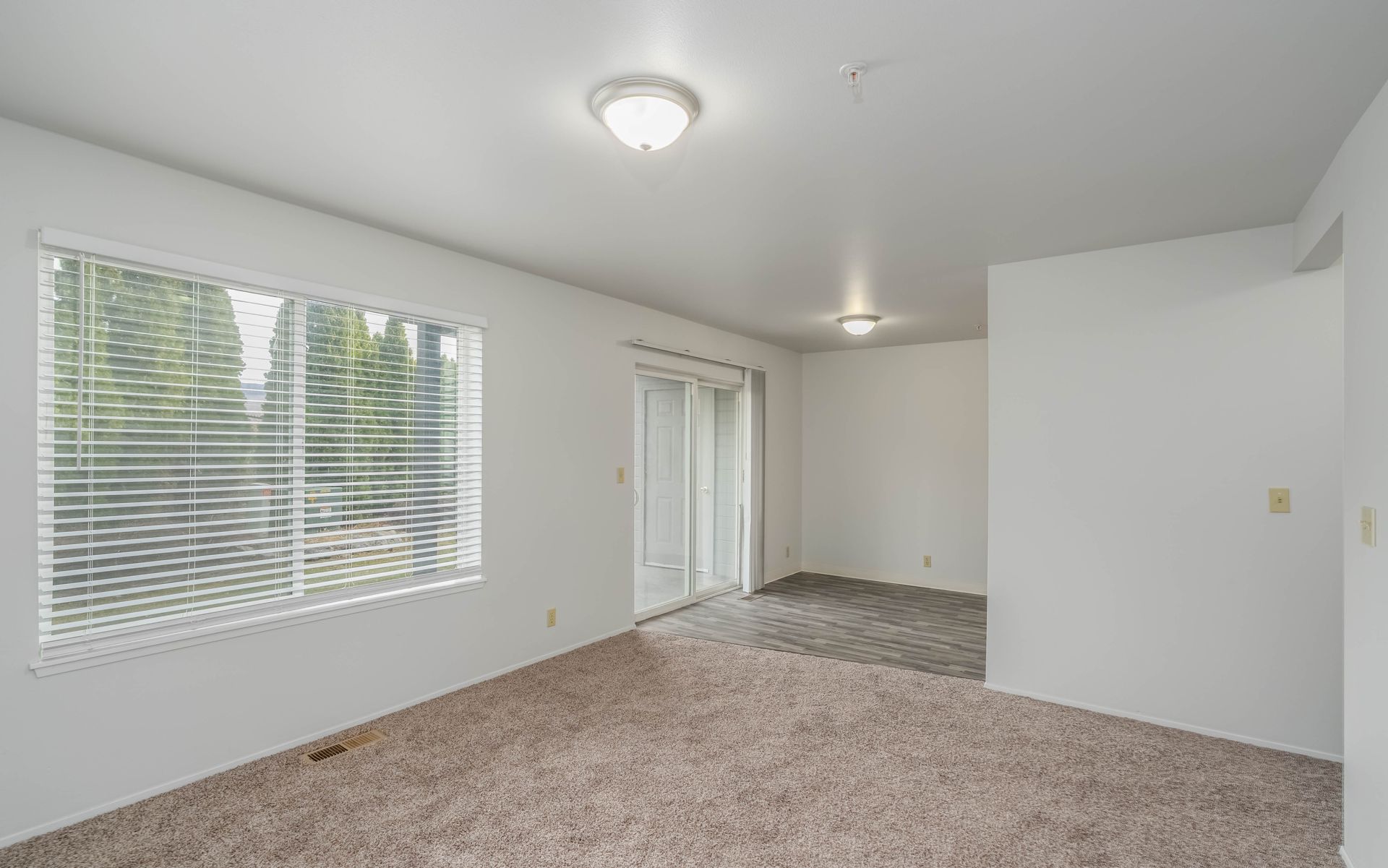 An empty living room with a sliding glass door and a window.
