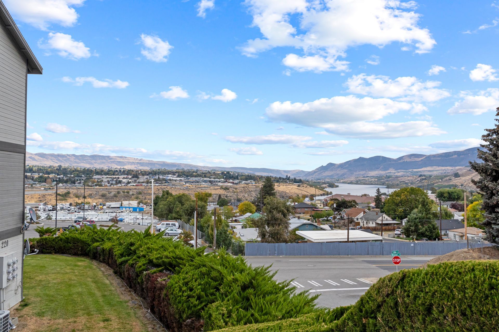 A view of a city from the side of a building.