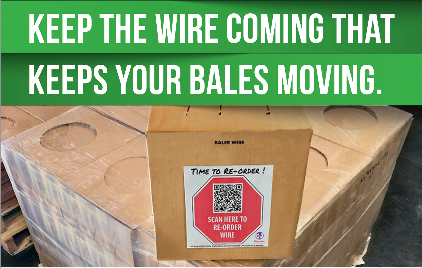 A box with a QR code on it that says keep the wire coming that keeps your bales moving