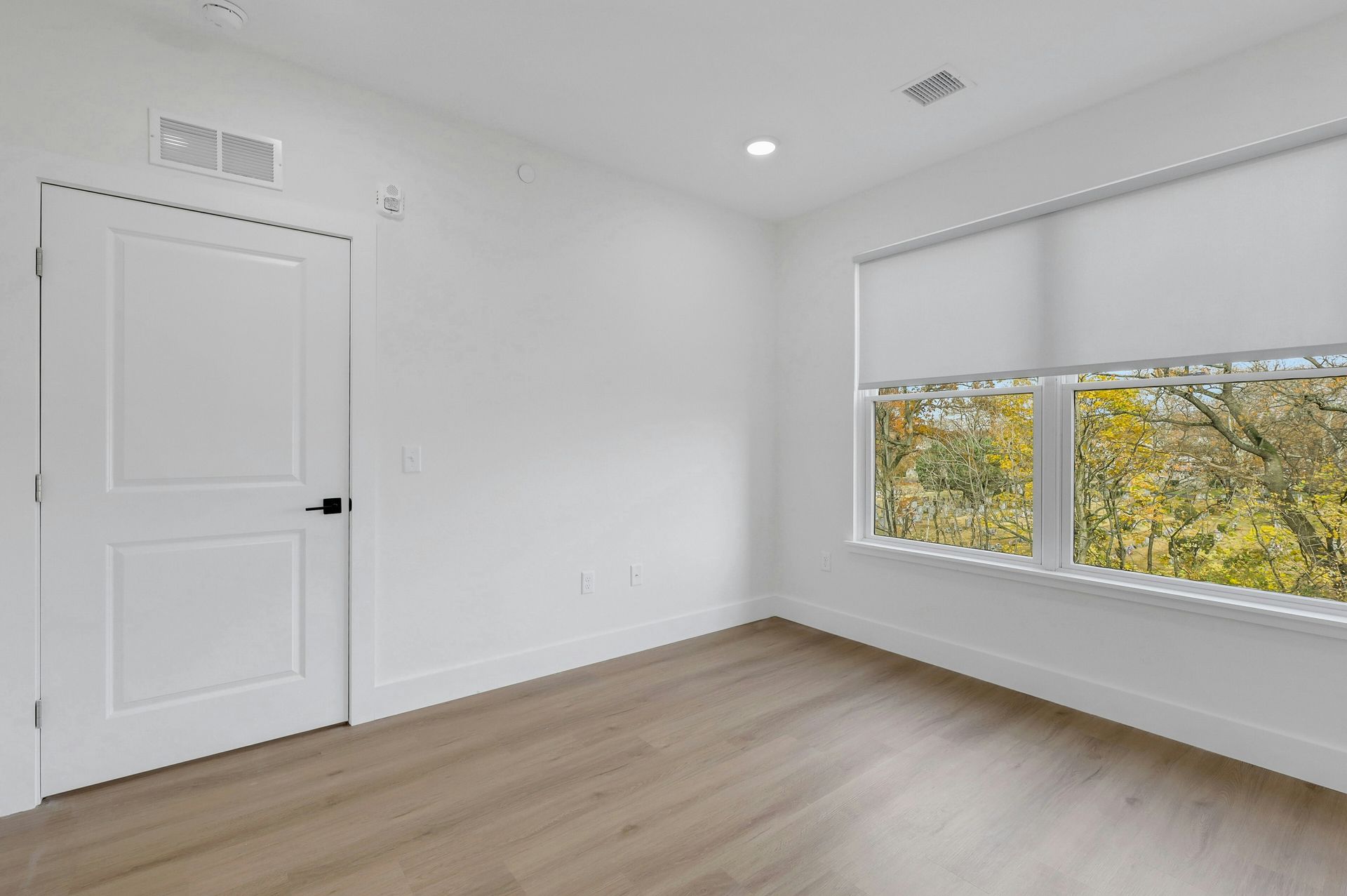 Empty white room with door, window with shade, and wood-look flooring.