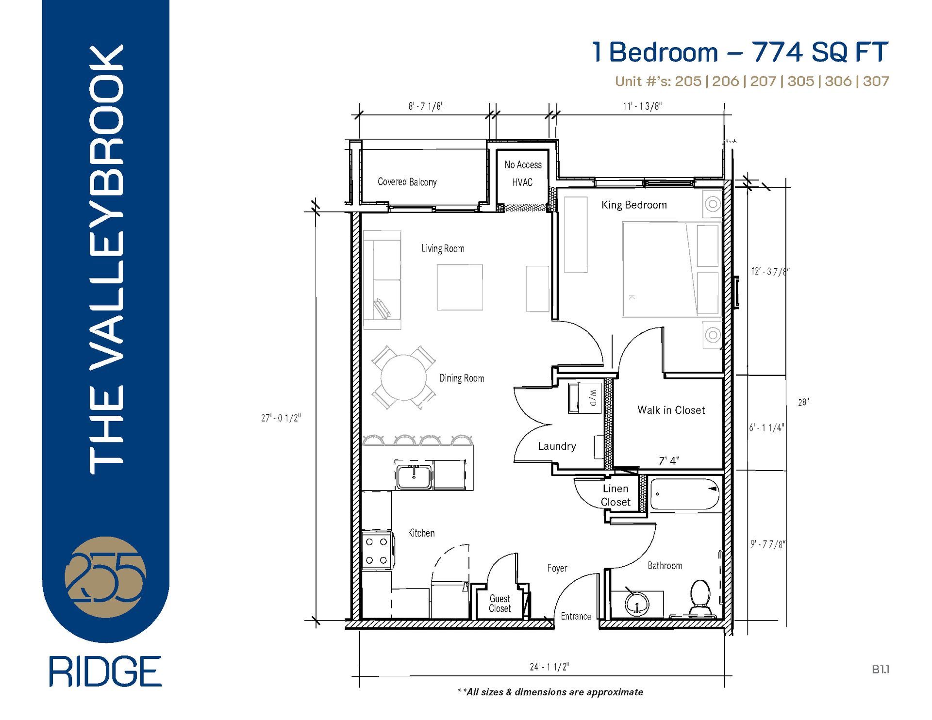 Floor plan of a one-bedroom apartment labeled 
