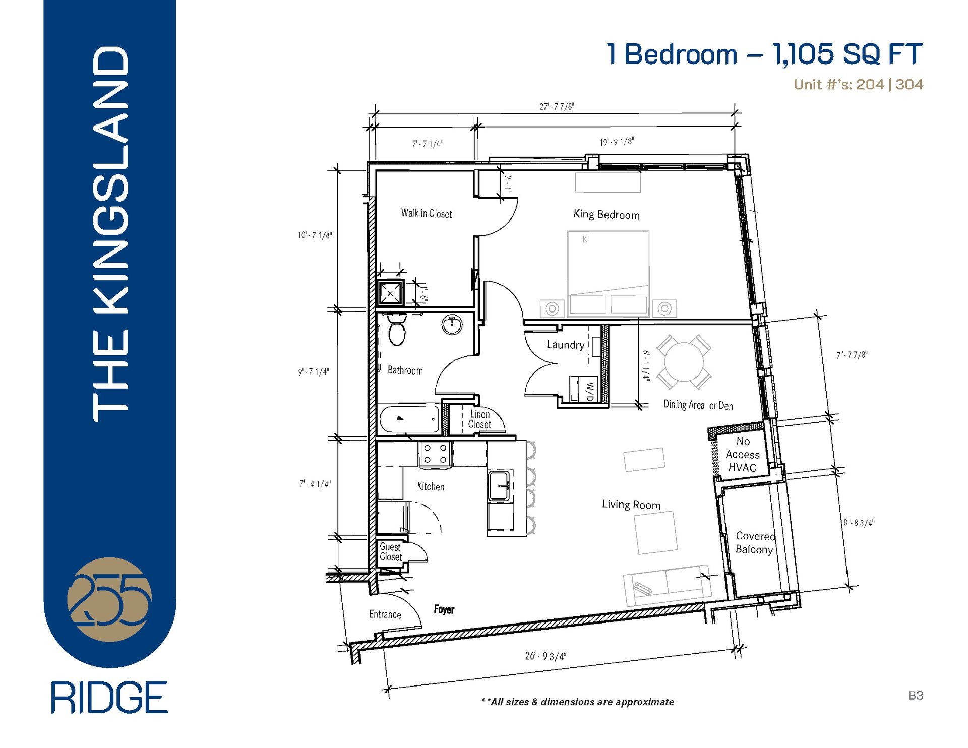 Floor plan of a 1-bedroom apartment at The Kingsland, with labeled rooms and dimensions.