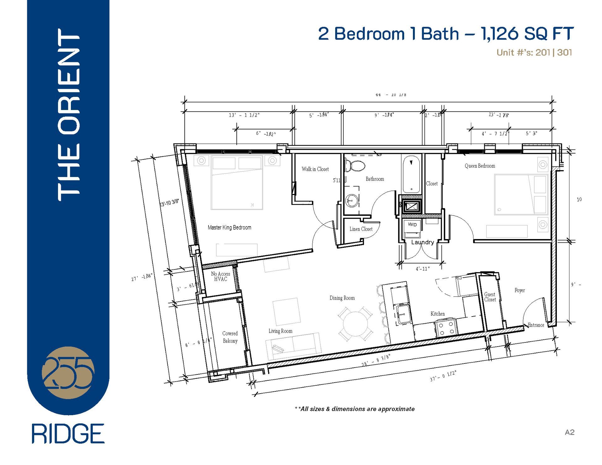 Floor plan of a 2-bedroom, 1-bath apartment unit labeled 
