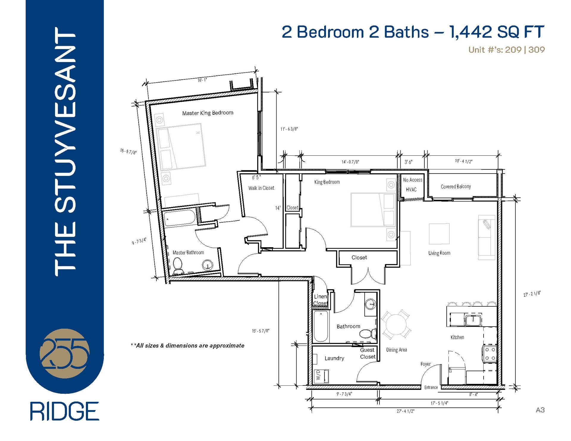 Floor plan of a two-bedroom, two-bath apartment labeled 