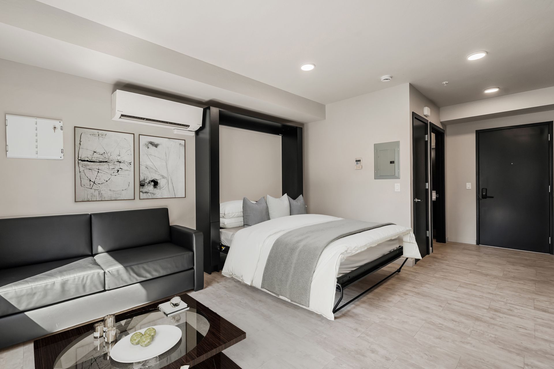 Photo of a studio apartment with a murphy bed that is down