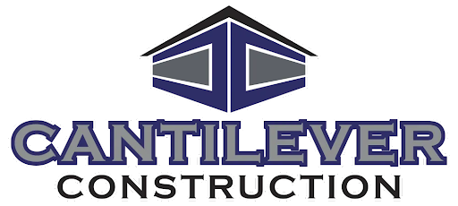 Logo for Cantilever Construction. Features a building icon above the company name in blue and gray.