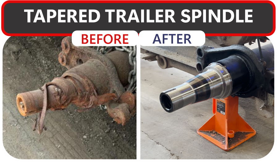 Comparison of a rusty trailer spindle before and a new, clean spindle after replacement.