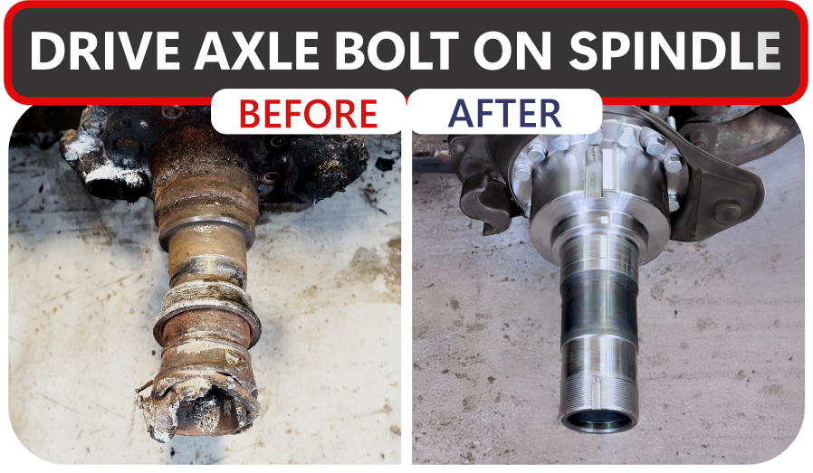 A mechanic working on a truck's wheel assembly. 