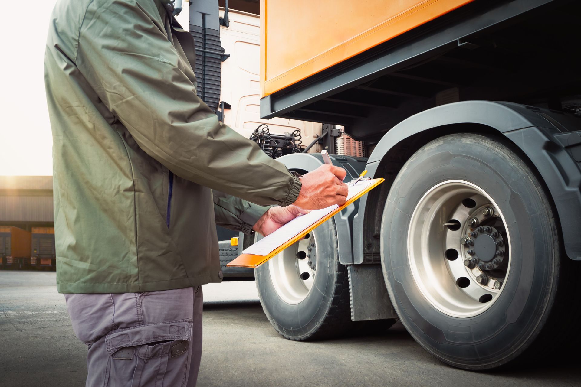 Person in green jacket inspecting semi-truck tires, holding clipboard.