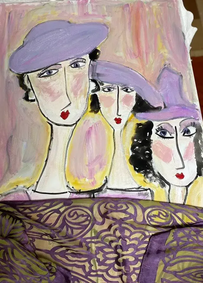 Three women with purple hats, stylized painting.