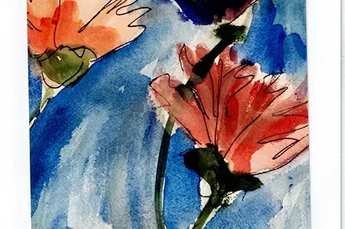 Watercolor painting of orange and purple flowers against a blue background.