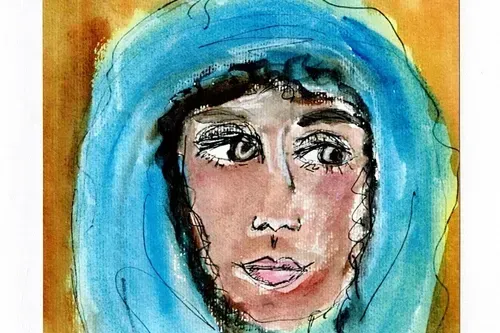 Woman with brown skin and blue hood, looking left. Watercolor portrait.