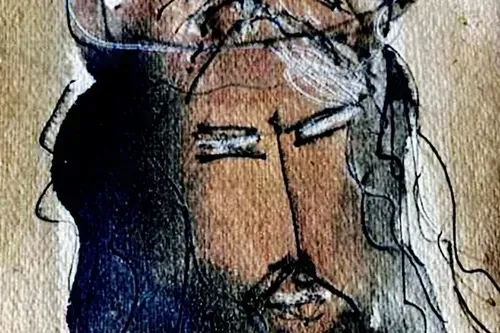 Abstract drawing of Jesus with a crown of thorns, closed eyes, and a beard, brown, blue, and white.