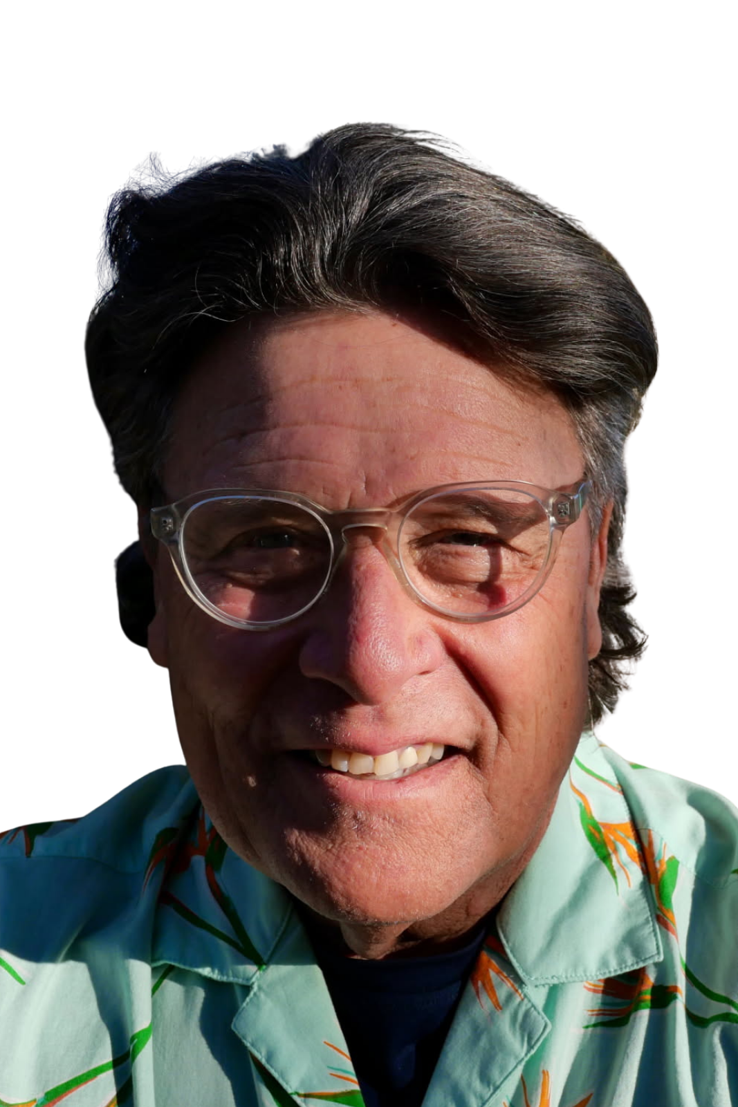 Man wearing glasses and a light blue patterned shirt smiles at the camera.