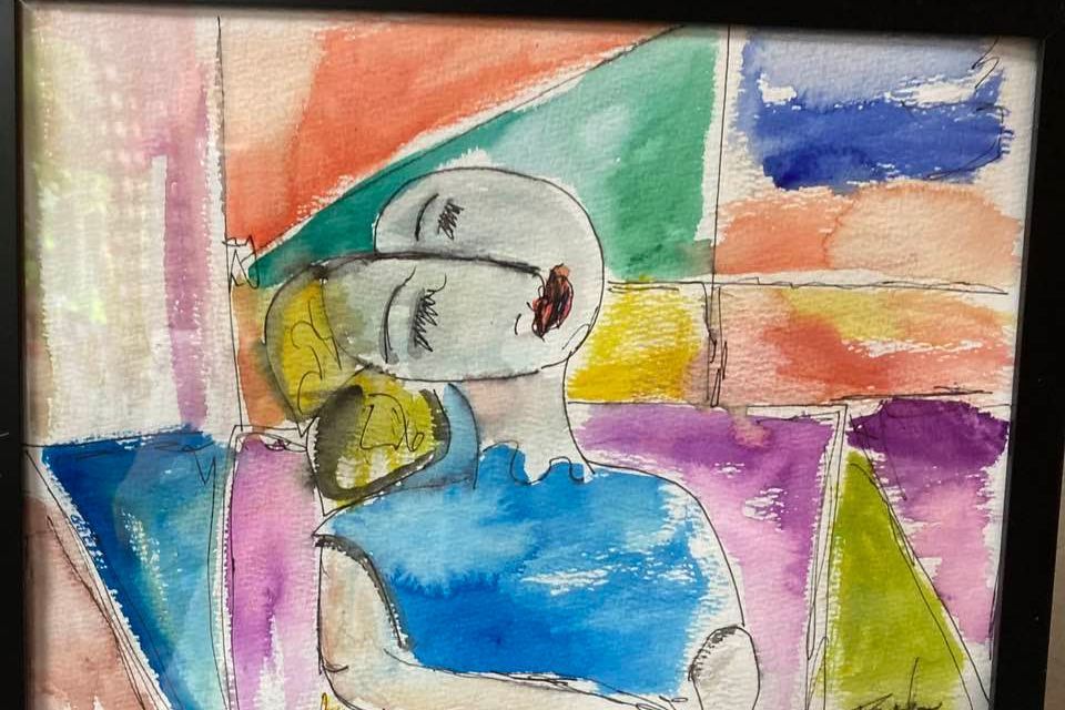 Watercolor painting of a person with closed eyes, blue dress, and colorful abstract background.