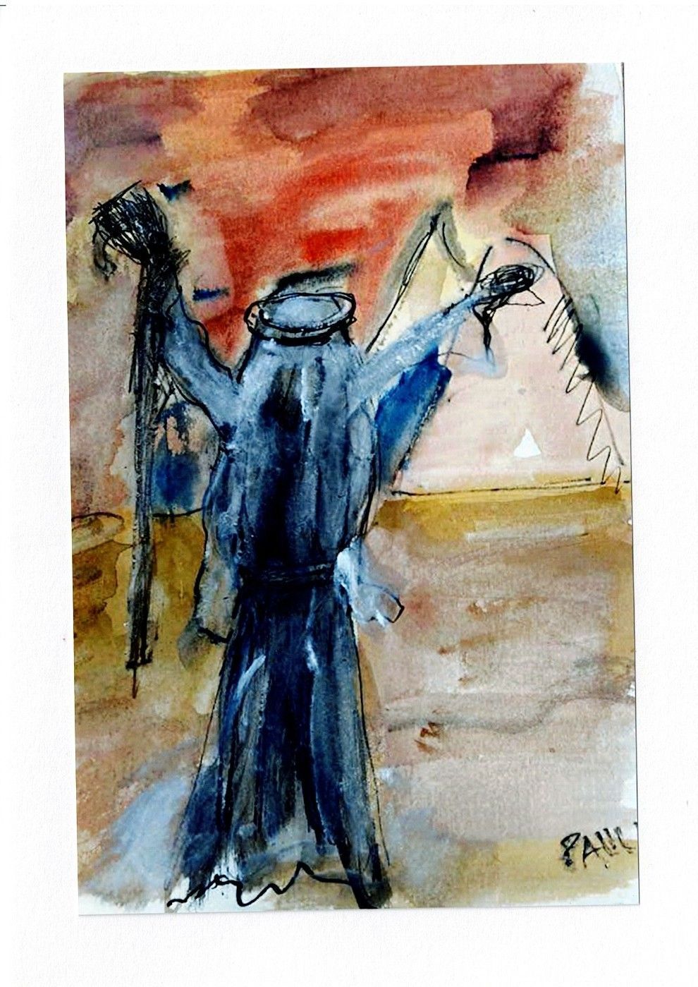 Watercolor painting of a person in blue robes with arms raised, holding a staff. Red and yellow background.