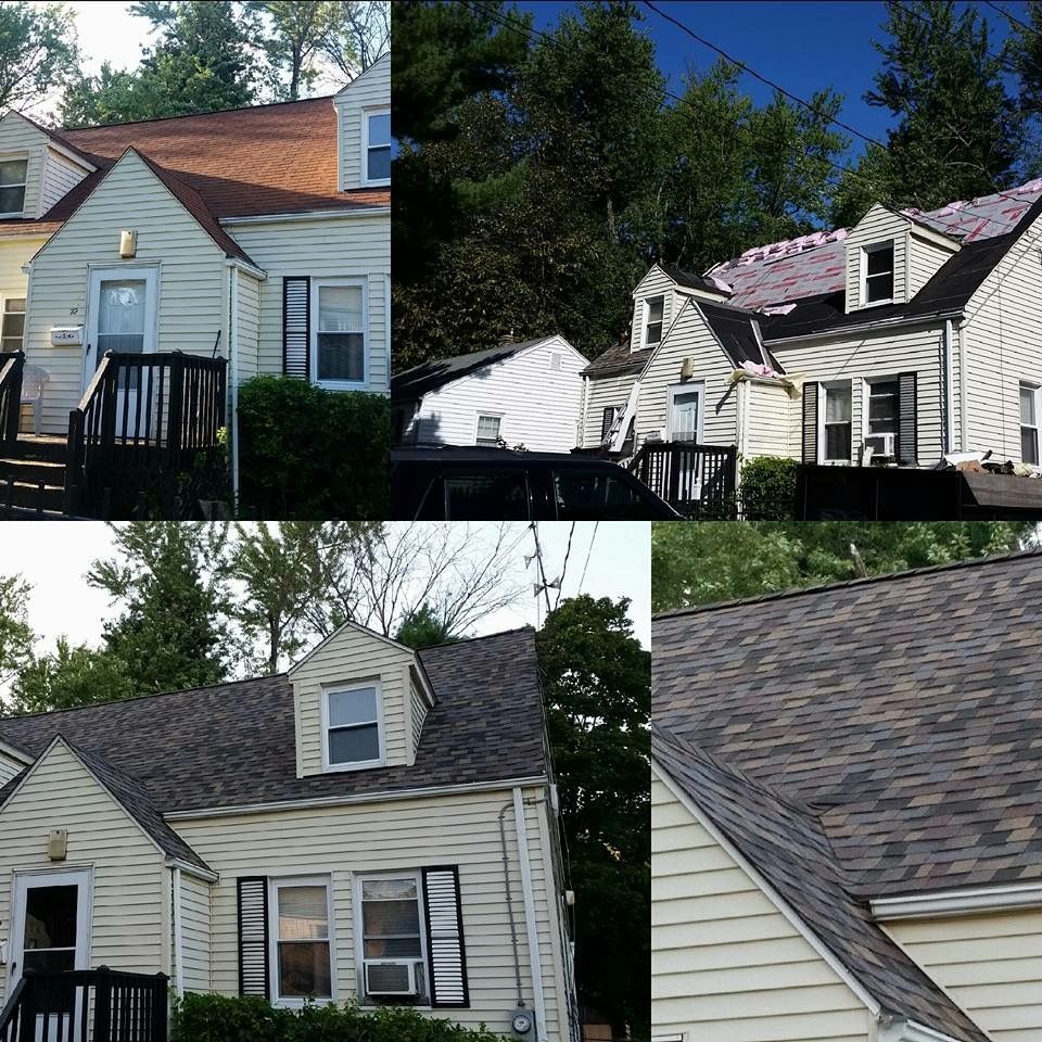 Four views of a house with different roof conditions. Shows a before and after comparison of roof replacement with shingles.