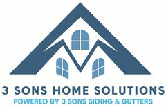 Logo for 3 Sons Home Solutions: Blue house outline with three windows and "POWERED BY 3 SONS SIDING & GUTTERS".