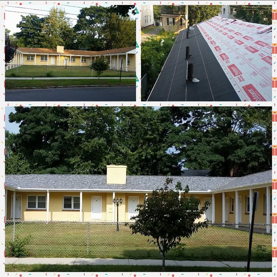 Three photos of a yellow, single-story building with a replaced roof. The photos show different angles and stages of work.